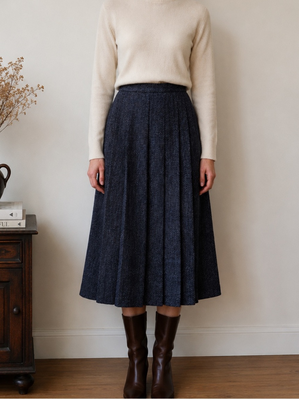 Pleated Midi Skirt in Navy Herringbone